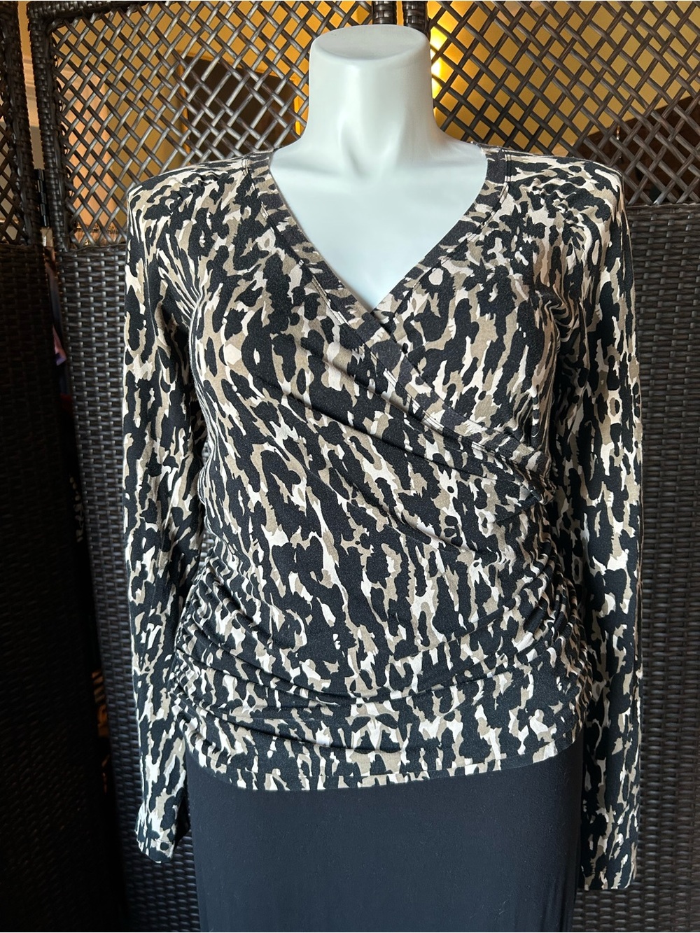CAbi Black and Cream Animal Print Wrap-Front Long Sleeve Top
